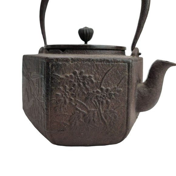 Japanese Cast Iron Teapot Copper Signed Hexagonal Antique Tetsubin CT407 - Picture 4 of 13